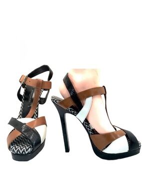 DIEGO DOLCINI BLACK, WHITE AND TAN  PLATFORM HEEL T-STRAP LEATHER PUMPS (38.5)